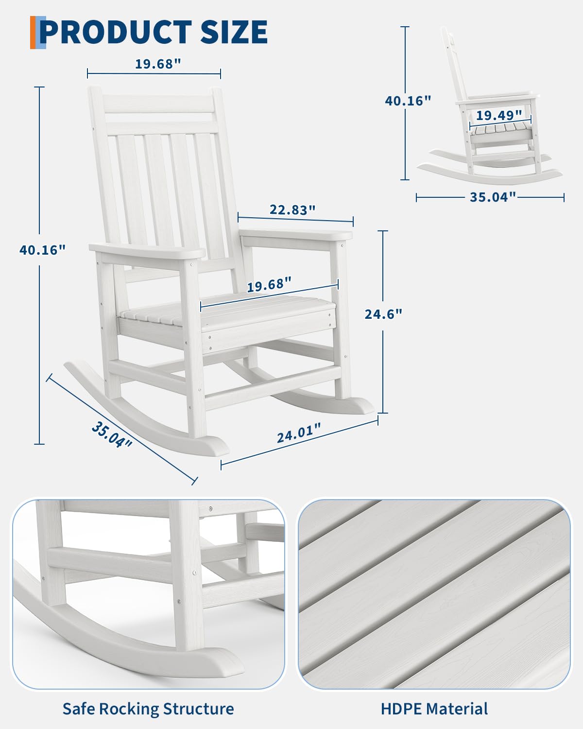 Garvee Fauteuil Adirondack à bascule en PEHD effet bois, dossier haut, résistant aux intempéries, charge 172 kg, blanc, jardin et terrasse