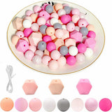 Ensemble de 95 perles en silicone Garvee, couleurs assorties, comprenant 80 perles rondes (15 mm) et 15 perles polygonales (17 mm) pour la création de bijoux et de porte-clés, avec un cordon de 2 m.