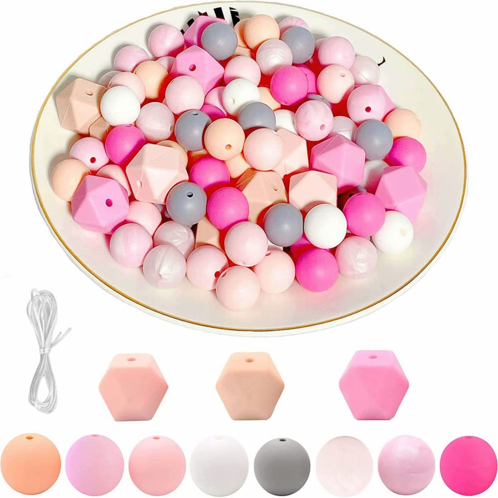 Ensemble de 95 perles en silicone Garvee, couleurs assorties, comprenant 80 perles rondes (15 mm) et 15 perles polygonales (17 mm) pour la création de bijoux et de porte-clés, avec un cordon de 2 m.