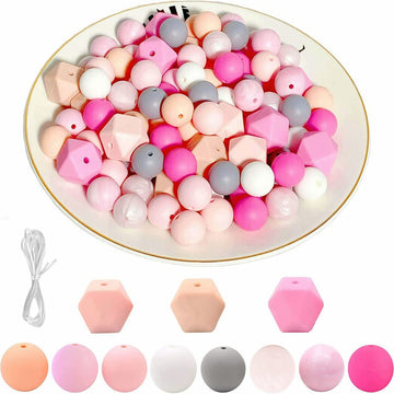 Ensemble de 95 perles en silicone Garvee, couleurs assorties, comprenant 80 perles rondes (15 mm) et 15 perles polygonales (17 mm) pour la création de bijoux et de porte-clés, avec un cordon de 2 m.