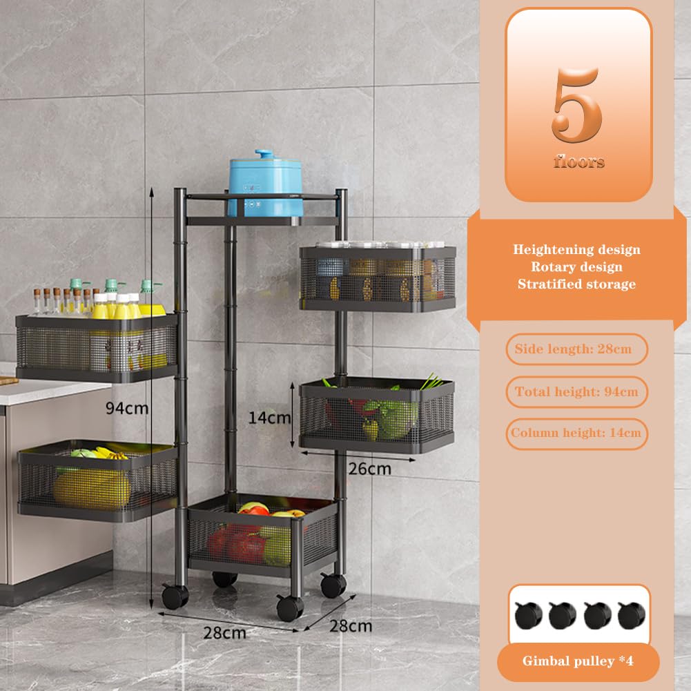 GARVEE Chariot de rangement rotatif 5 niveaux en acier carbone, 4 roulettes, pour cuisine, salon, chambre d’enfant, fruits et jouets, noir