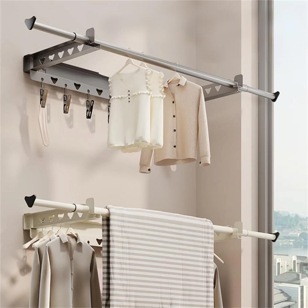 Garvee Séchoir à linge mural, pliable, pour une utilisation intérieure ou extérieure, 62,3-115 cm, gain de place, avec 7 pinces, capacité de charge de 30 kg, blanc, grand