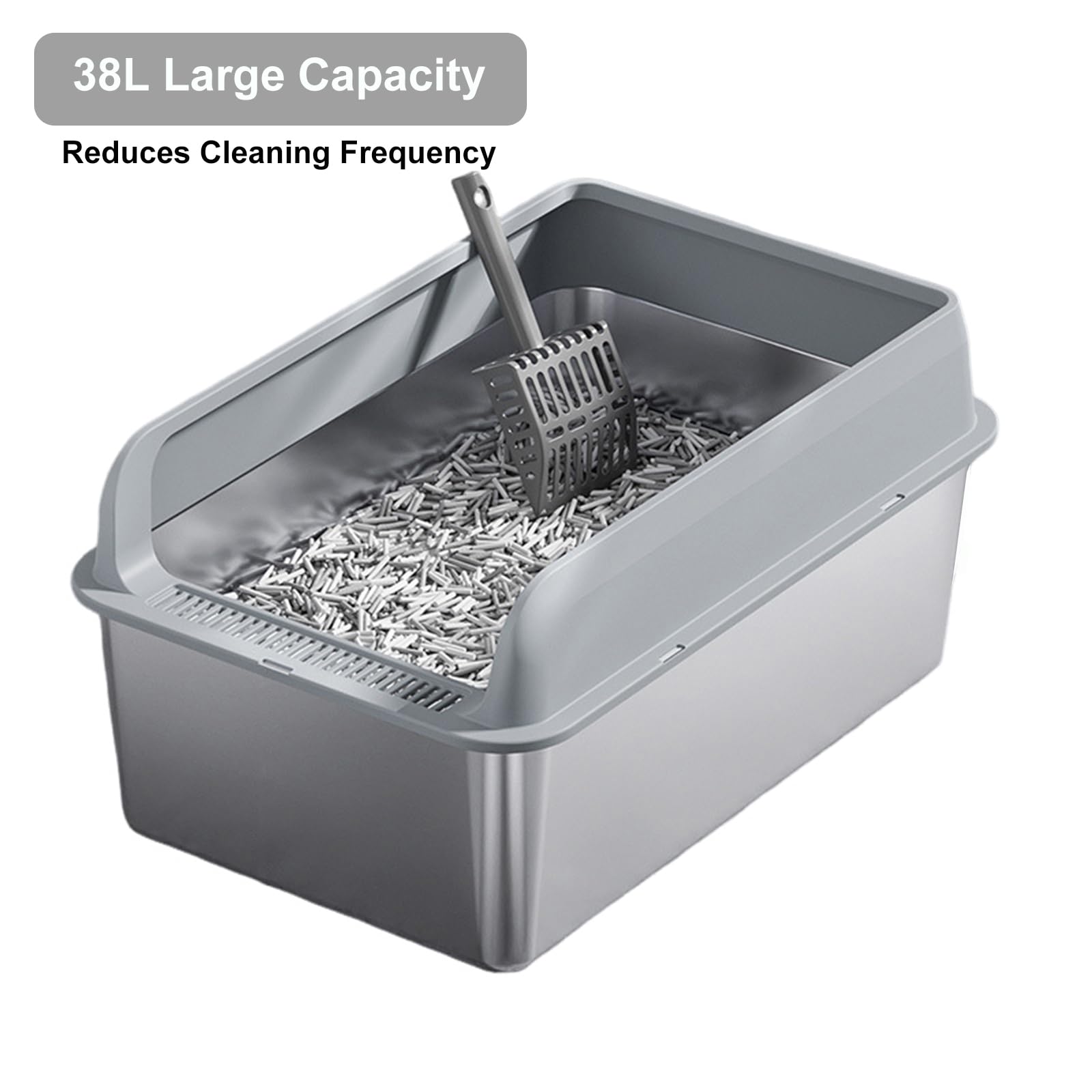 Bac à litière Garvee XL en acier inoxydable avec couvercle, profondeur 20 cm, antirouille, double tapis de litière, pour grands chats, gris