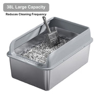 Bac à litière Garvee XL en acier inoxydable avec couvercle, profondeur 20 cm, antirouille, double tapis de litière, pour grands chats, gris