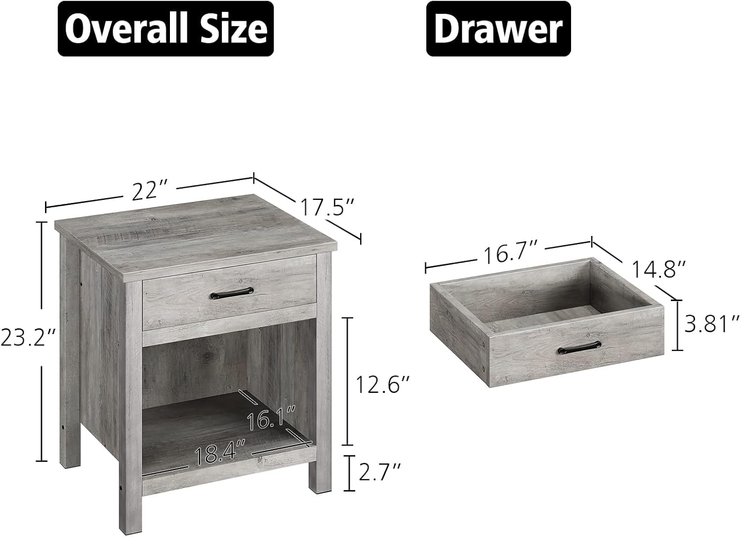 Table de chevet carrée Garvee avec rangement, gris bois, pour chambre et salon, fonctionnalité moderne