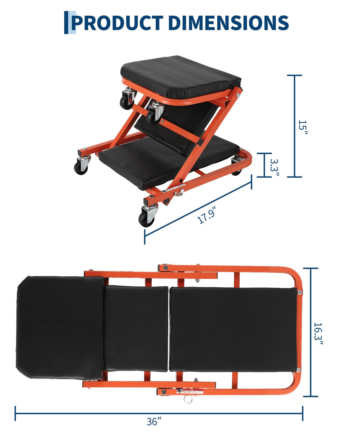Siège d'atelier pliable Garvee 36" Z-Creeper sur roues, 2 en 1, structure en acier, ergonomique, pliable, capacité de charge de 150 kg, noir, pour la réparation automobile