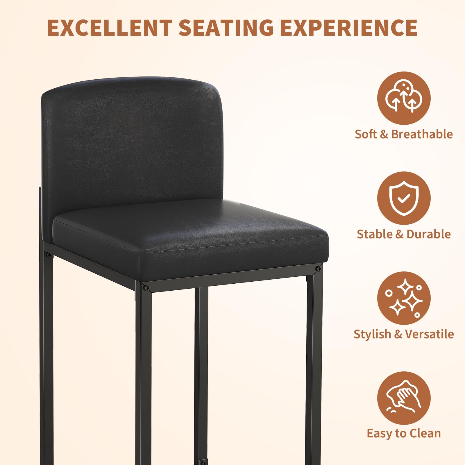 Ensemble de 2 tabourets de bar Garvee, rembourrés avec dossier, pour cuisine et bar, 61 cm (24 pouces), noirs