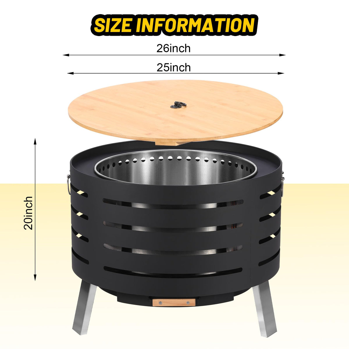 Foyer extérieur portable Garvee de 66 cm (26 pouces) – Sans fumée, en acier inoxydable antirouille, idéal pour le jardin et le camping.