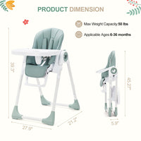 Chaise haute pliable Garvee verte pour bébé – Hauteur réglable avec harnais 5 points et double tablette pour bébés jusqu'à 22,5 kg