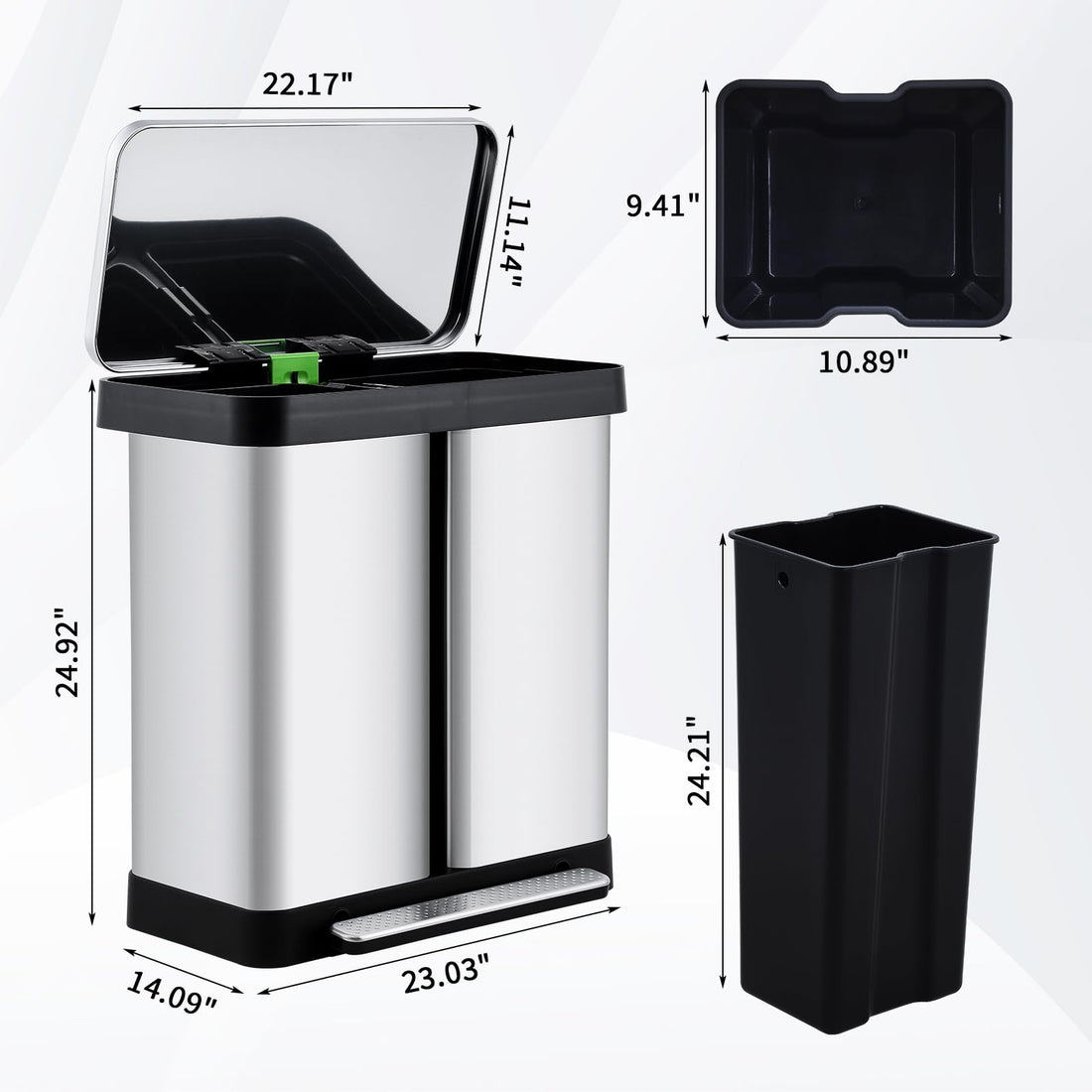 Poubelle de cuisine Garvee 2 x 36 L avec système de tri des déchets, en acier inoxydable, à pédale, double compartiment, sans contact et silencieuse, couleur argent.