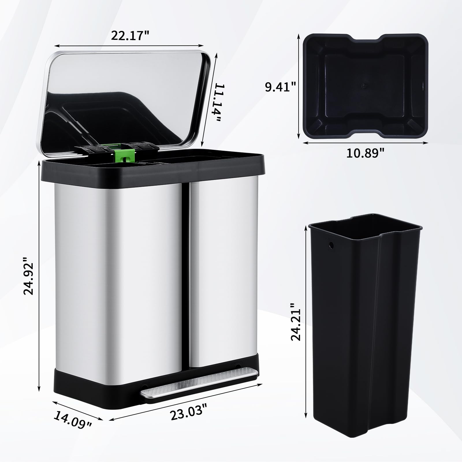 Poubelle de cuisine Garvee 2 x 36 L avec système de tri des déchets, en acier inoxydable, à pédale, double compartiment, sans contact et silencieuse, couleur argent.