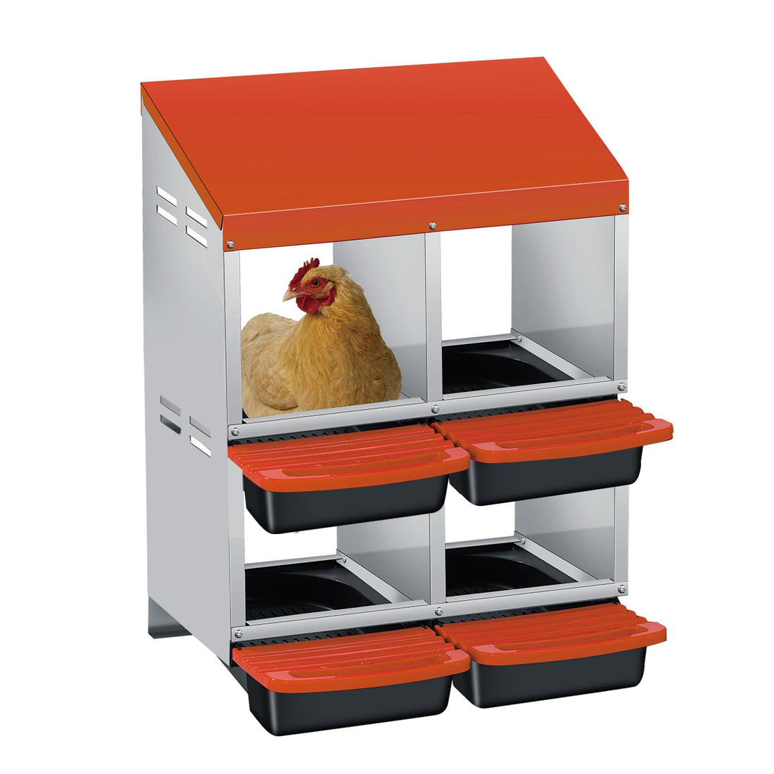 Garvee Nichoir à Poules 4 Compartiments Double Étage en Métal Galvanisé avec Poignée en Plastique, Pondoir Résistant pour Poulailler, Orange