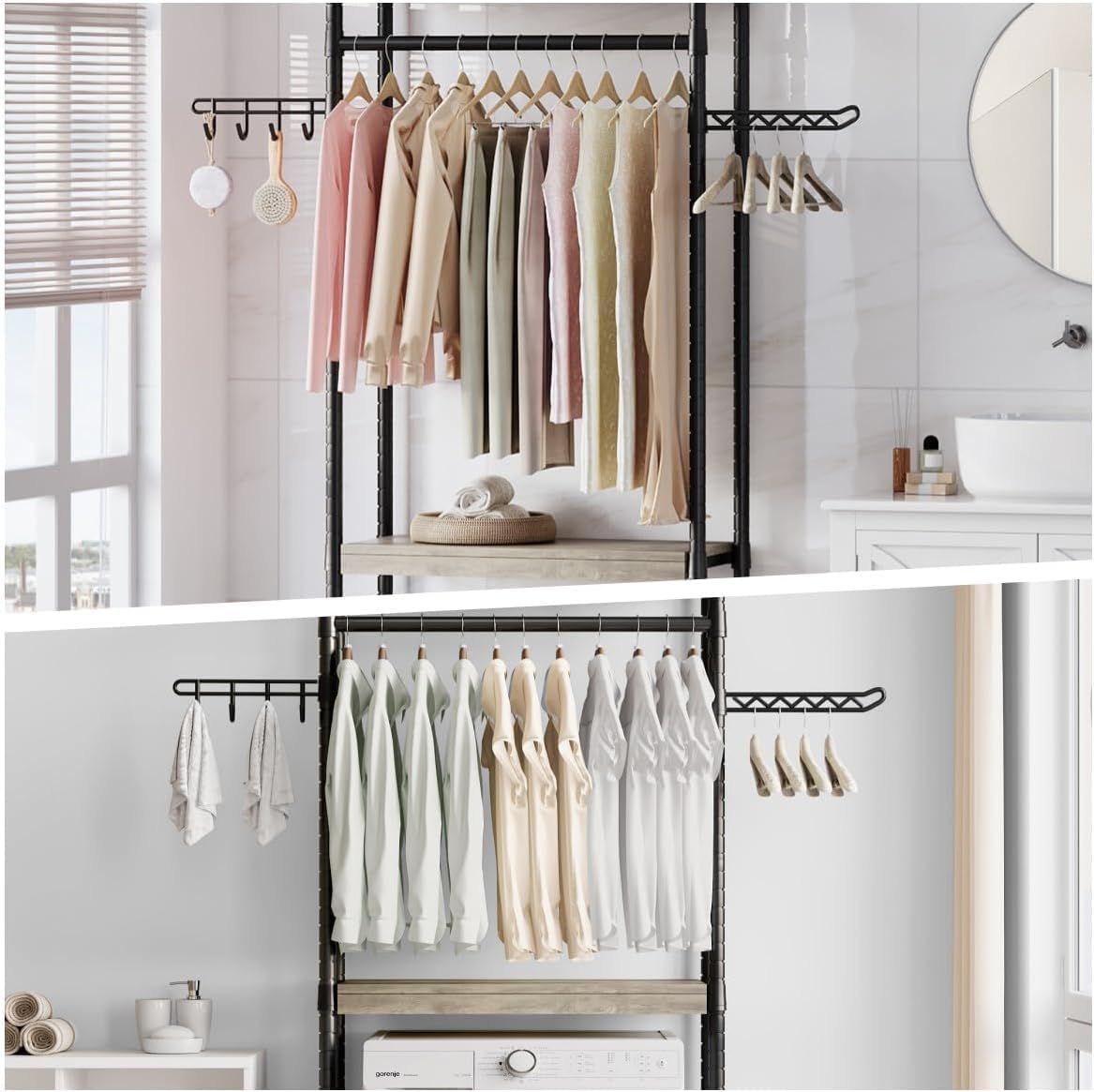 Étagère à linge Garvee 76 cm avec étendoir, réglable, 4 niveaux, bois et acier, pour lave-linge, salle de bain et buanderie, gain de place, 71 cm, couleur naturelle