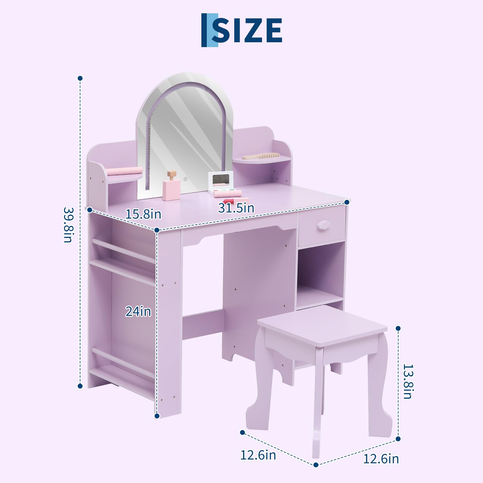Coiffeuse Garvee pour enfants avec lumière LED et tabouret, réglable, MDF, violet, pour filles de 3 à 9 ans, salle de jeux