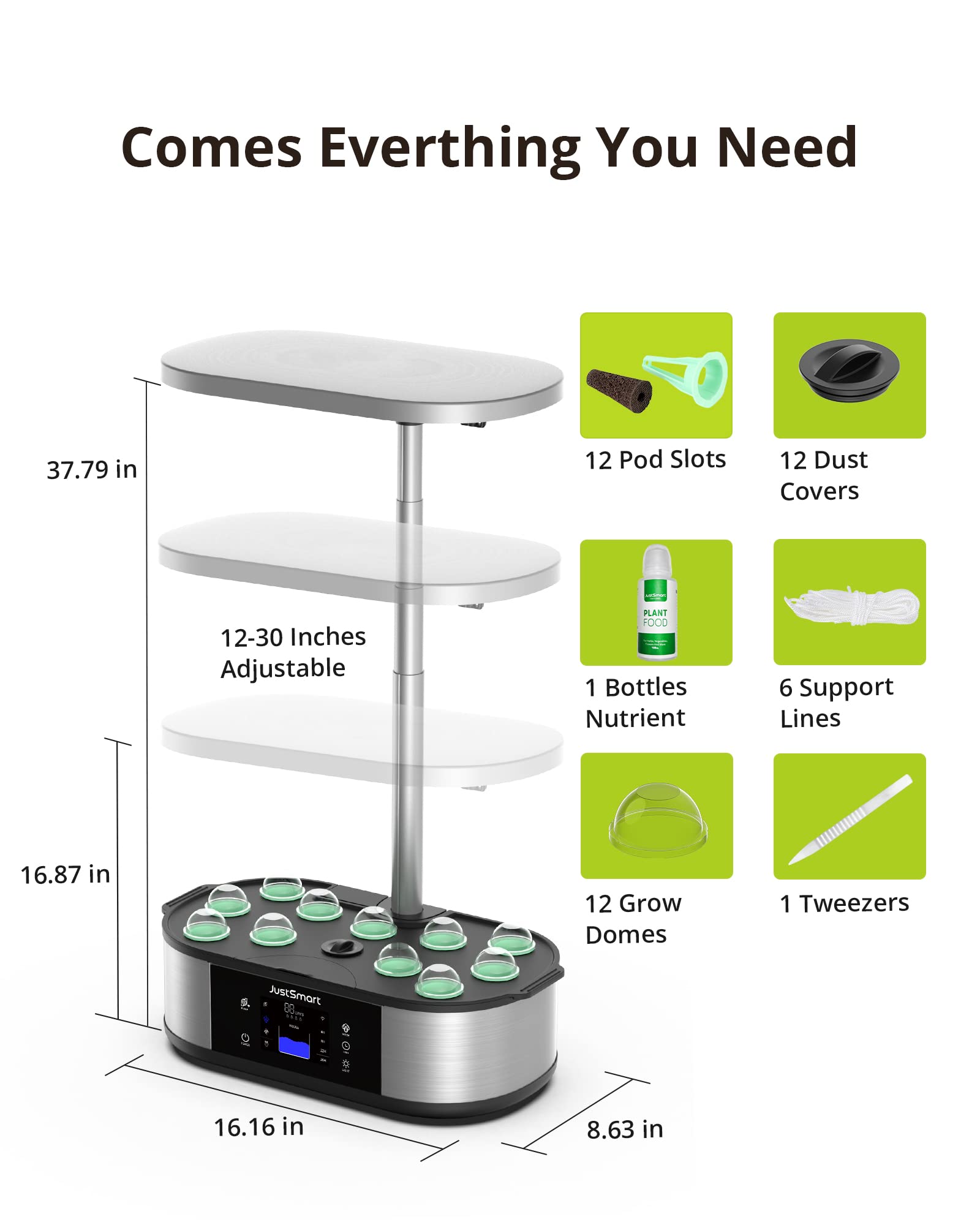 Système de culture hydroponique GARVEE, jardin intelligent WiFi avec 12 modules, lampe LED 30 W, idéal pour les herbes aromatiques en intérieur, hauteur réglable de 76 cm.