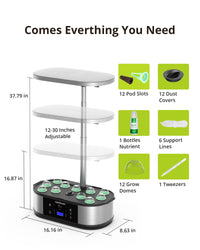 Système de culture hydroponique GARVEE, jardin intelligent WiFi avec 12 modules, lampe LED 30 W, idéal pour les herbes aromatiques en intérieur, hauteur réglable de 76 cm.