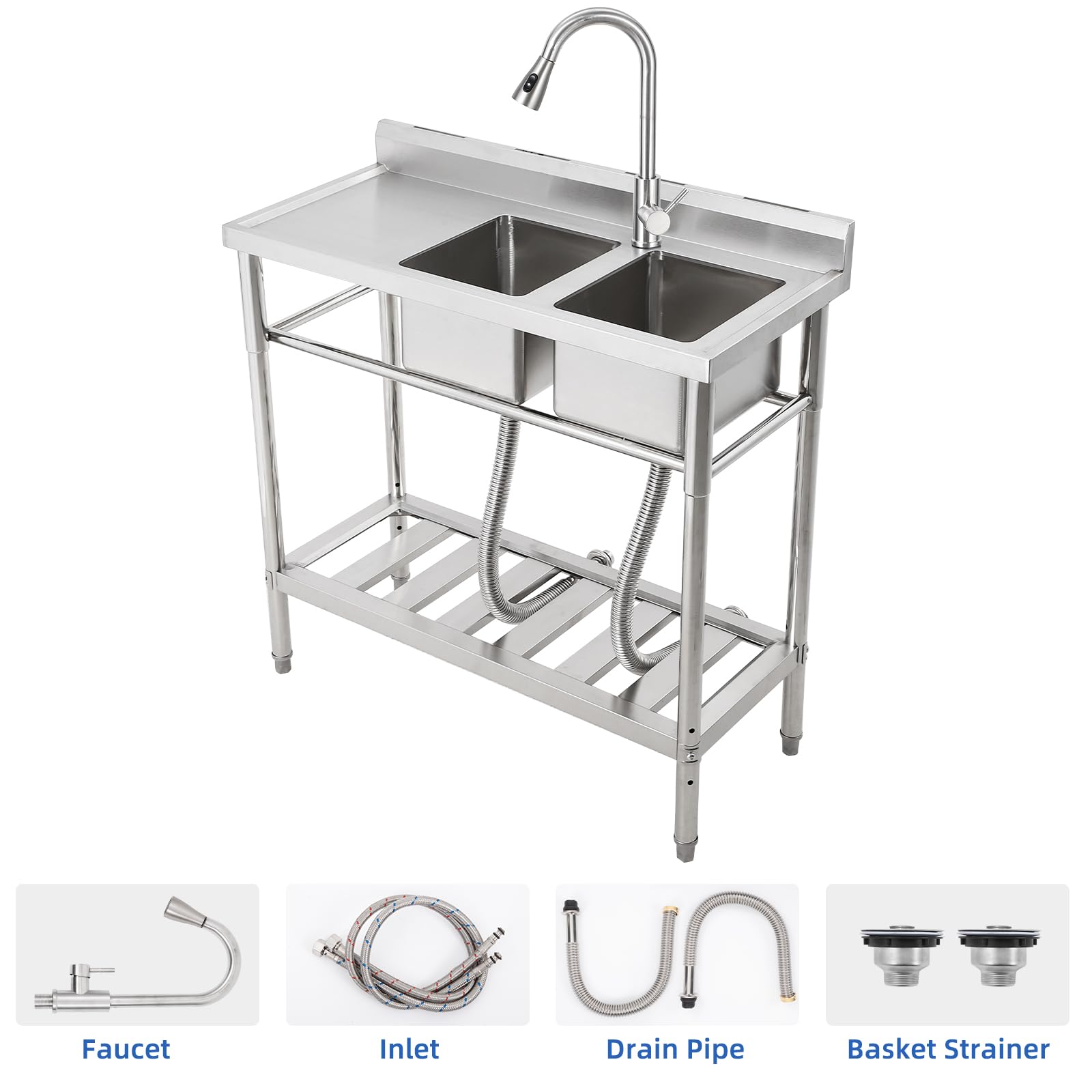 Garvee Évier commercial double bac en acier inoxydable, robinet pivotant 360°, étagères de rangement, pour cuisine et extérieur, 33 × 33 × 21 cm.