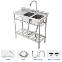 Garvee Évier commercial double bac en acier inoxydable, robinet pivotant 360°, étagères de rangement, pour cuisine et extérieur, 33 × 33 × 21 cm.
