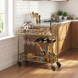 Garvee Chariot à Vin 2 Niveaux avec Étagères Miroir, Porte-Verres, Roulettes Verrouillables, Cadre Doré, Design Compact pour Salon, 86 cmW x 90 cmH