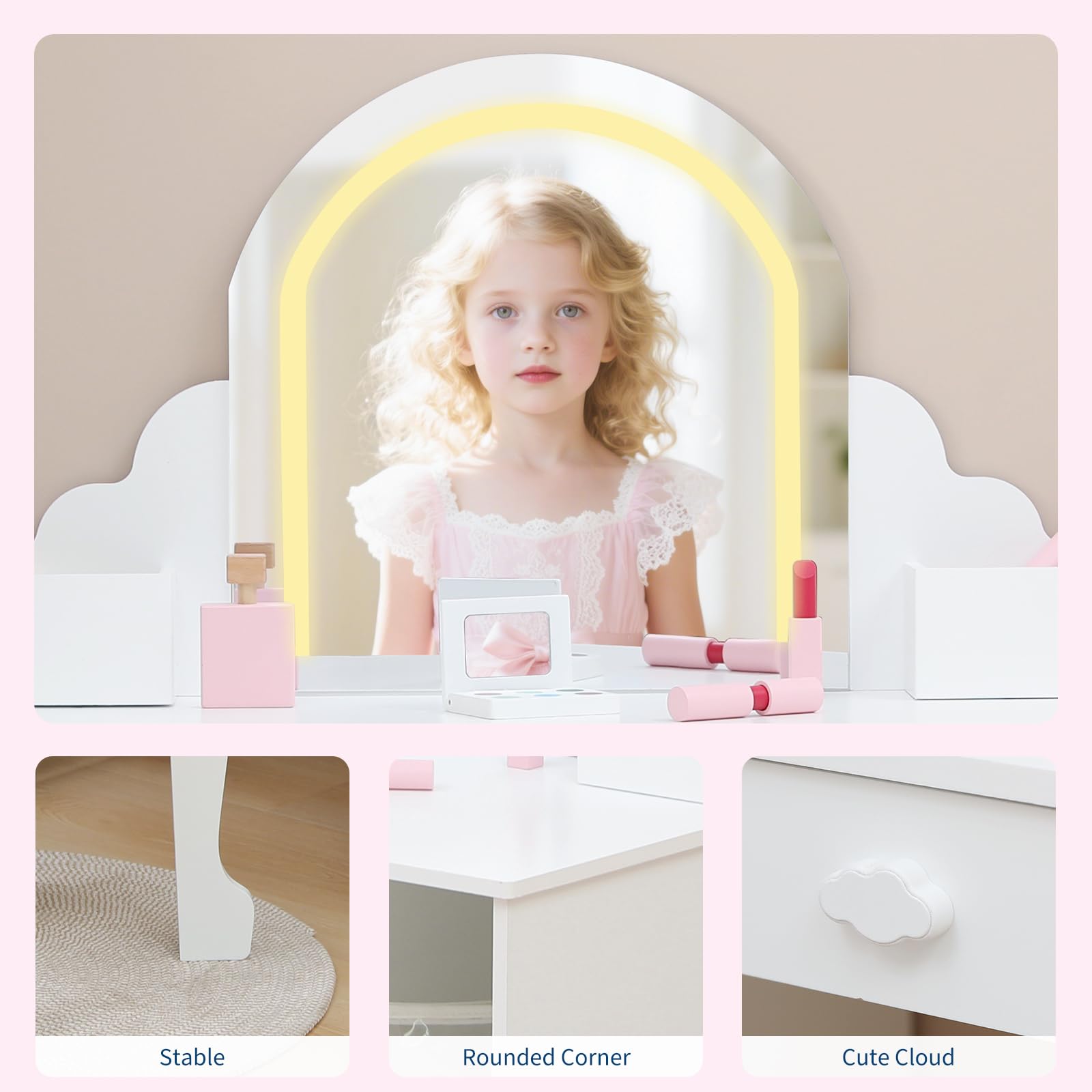 Garvee Coiffeuse Enfant avec Miroir LED et Tabouret, pour Filles 3–9 Ans, MDF Sûr, Éclairage Réglable, Grand Rangement, Blanc