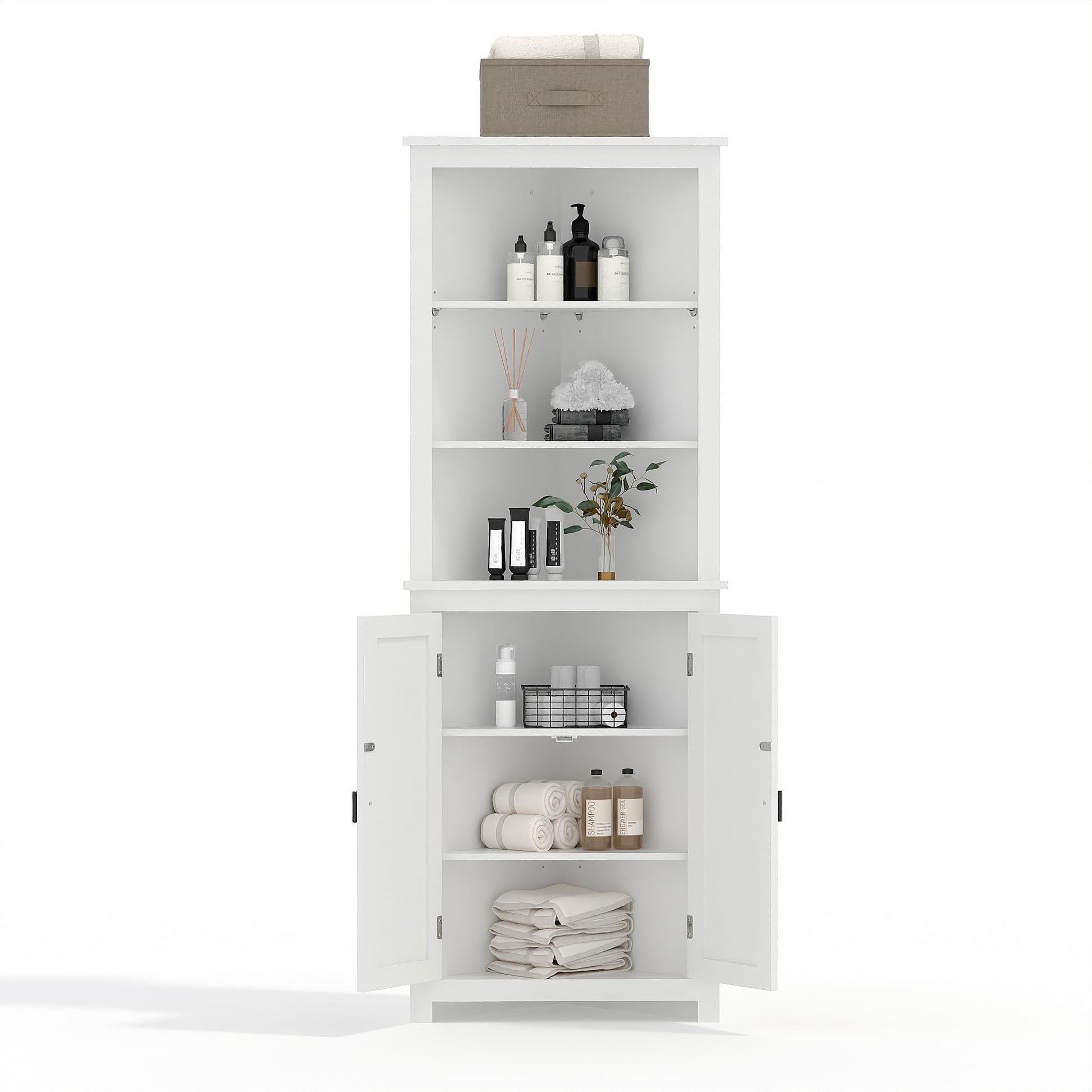 Garvee Meuble d'angle style ferme, 162, 5 cm de hauteur, 6 étagères et 2 portes coulissantes de style grange, étagère réglable, blanc, pour salon et salle de bain, bois, résistant à l'humidité, anti-basculement