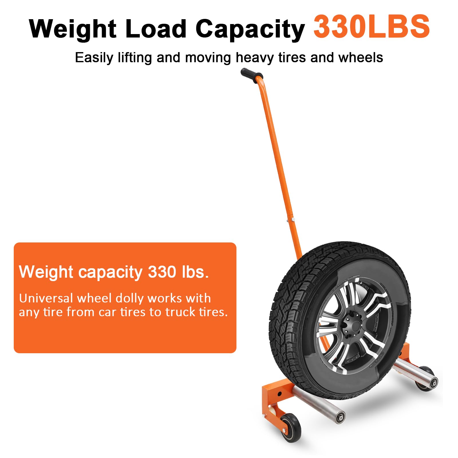 Chariot porte-roue Garvee pour pneus de camion, réglable, capacité 150 kg, rouleaux de 24 cm, rotation 360°, pour pneus de 16,5 à 62 cm de large, idéal pour garage et atelier, couleur orange