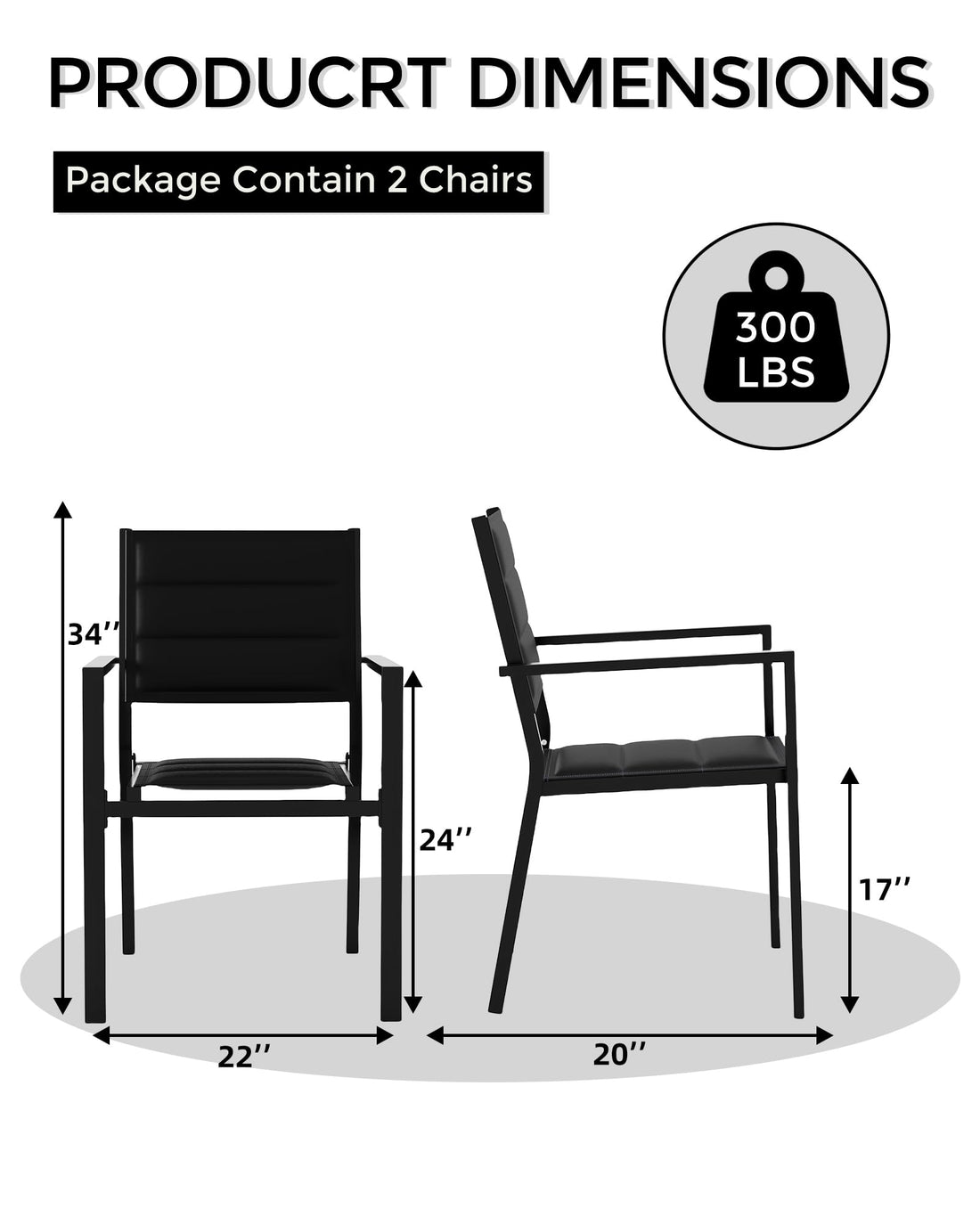 Ensemble de 2 chaises de jardin empilables Garvee en métal avec revêtement Textilène résistant aux UV, légères et résistantes aux intempéries, structure en aluminium, noires.