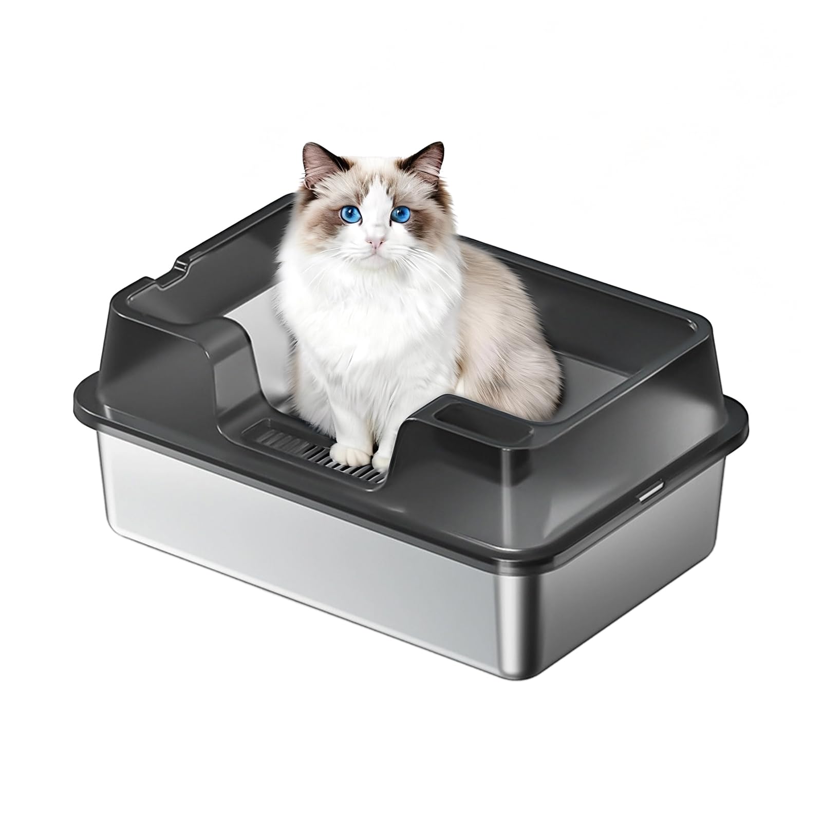 Bac à litière Garvee grand format en acier inoxydable 34 L, semi-fermé avec tapis antidérapant, idéal pour les foyers avec plusieurs chats, 60 x 40 x 22 cm, noir