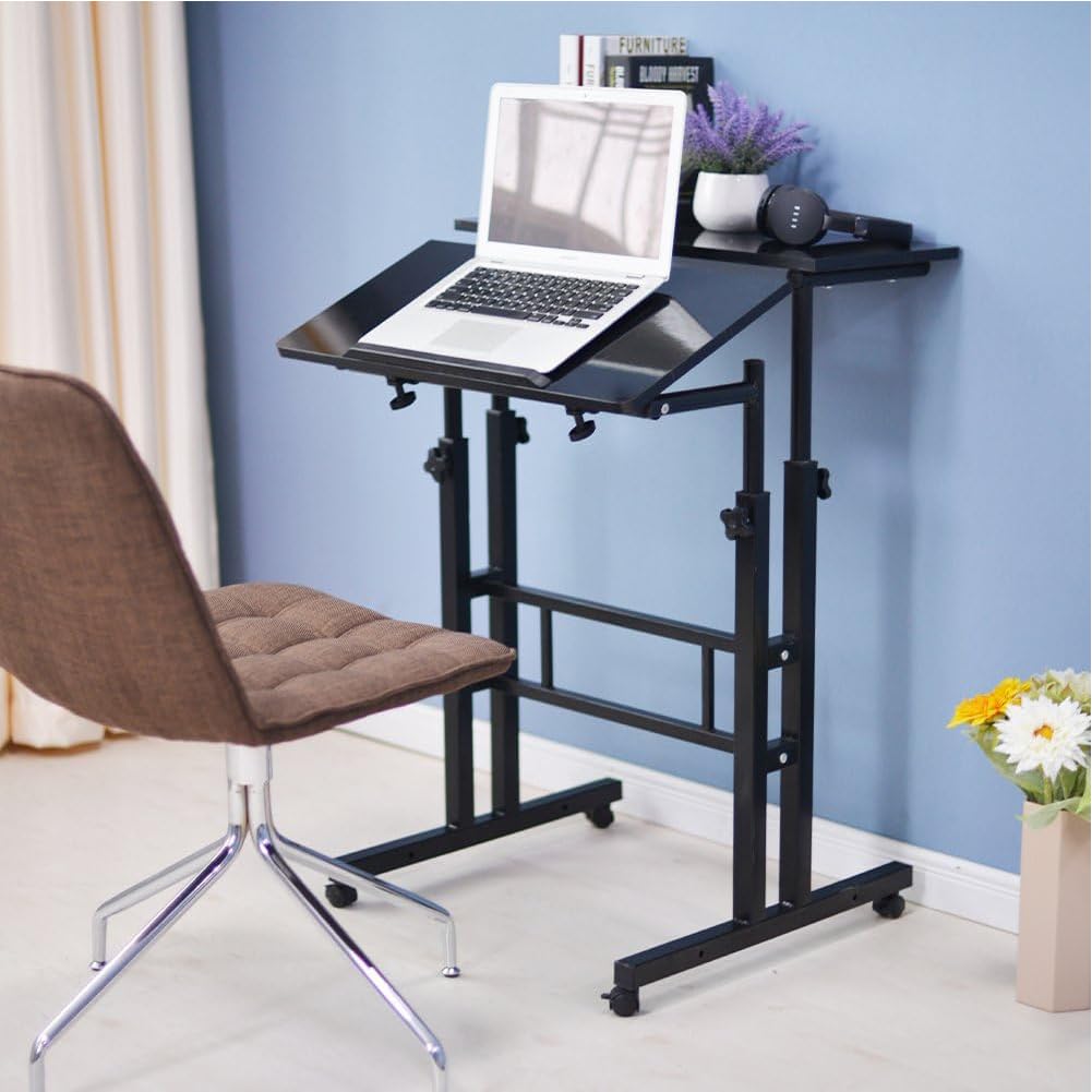 Garvee Bureau assis-debout mobile 60 × 60 × 70-110 cm, hauteur réglable, plateau inclinable, 4 roulettes, idéal maison et bureau, blanc