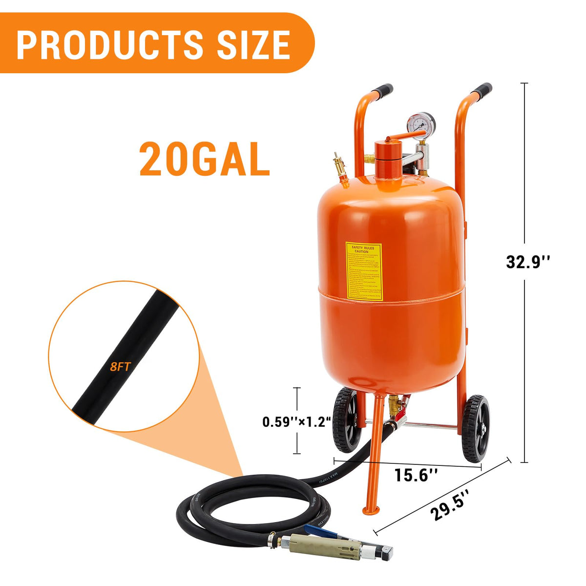 Sableuse Garvee 20 gallons avec 4 buses en céramique, séparateur huile-eau, mobile, roues de 6 pouces, tuyau de 8 pieds, acier, élimination de la rouille, 60-110 PSI