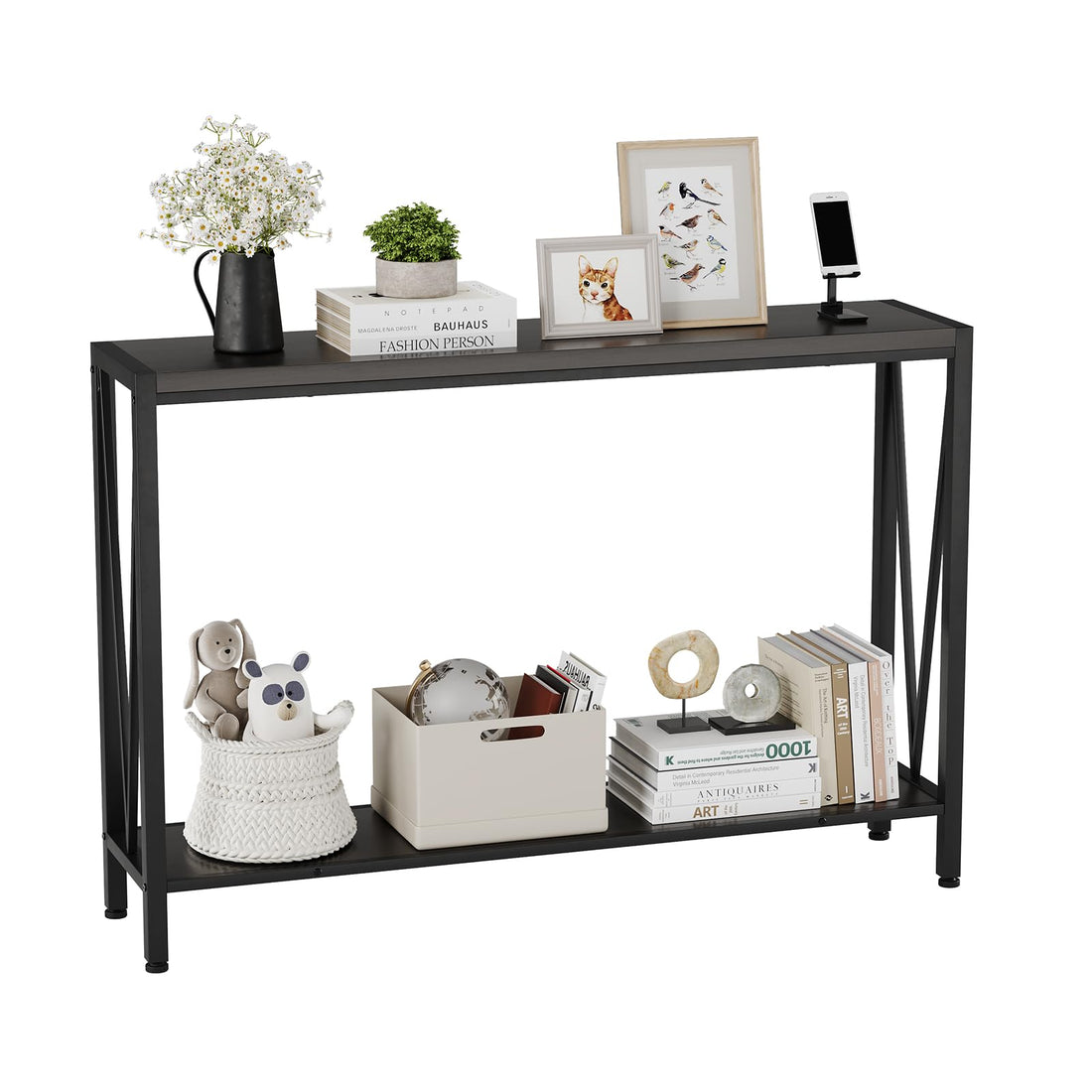 Garvee Console étroite 2 niveaux pour canapé, bois noir, compacte et robuste, 109 x 25 x 76 cm, idéale couloir, entrée et salon.