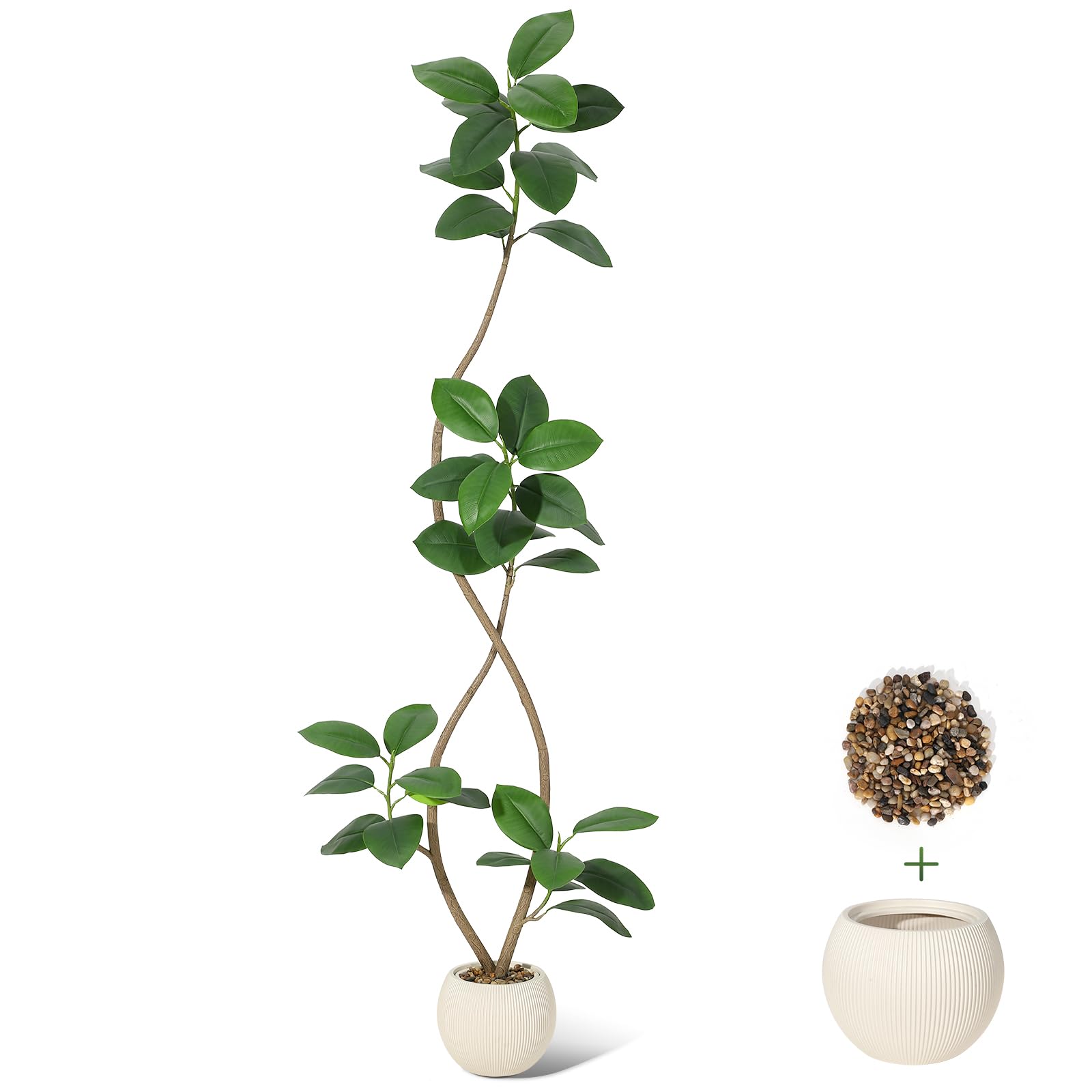 Garvee Ficus Lyrata artificiel 210 cm, pot beige avec pierres, plante réaliste sans entretien, résistant aux UV, maison et bureau