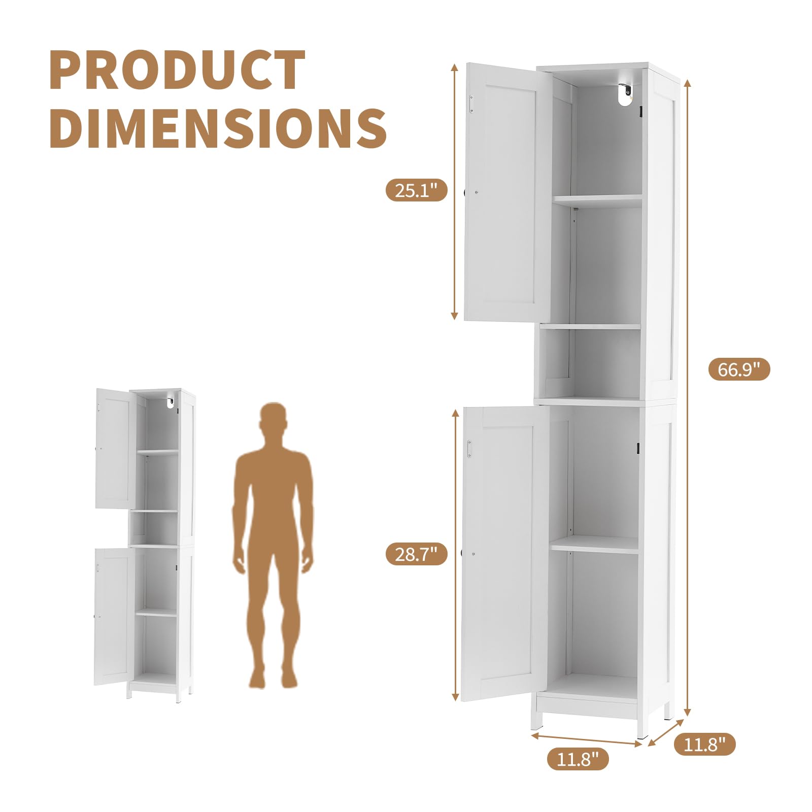 Meuble de salle de bain Garvee 170 cm de haut avec 2 portes coulissantes, 1 tiroir, pour salle de bain et cuisine, en bois, étroit, robuste et polyvalent, avec portes en acrylique transparent et blanc.