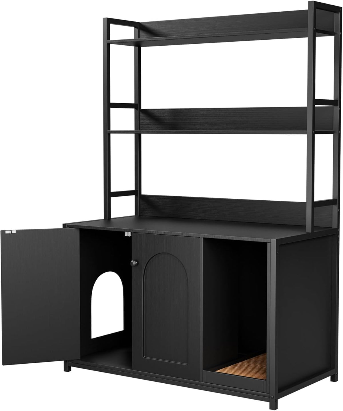 Garvee enclos pour bac à litière avec 2 portes, 2 étagères, griffoir pour usage intérieur, noir, MDF et acier, espace caché pour le chat, étagère intégrée