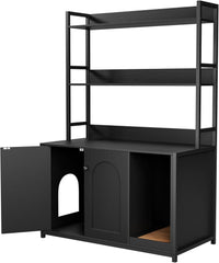 Garvee enclos pour bac à litière avec 2 portes, 2 étagères, griffoir pour usage intérieur, noir, MDF et acier, espace caché pour le chat, étagère intégrée