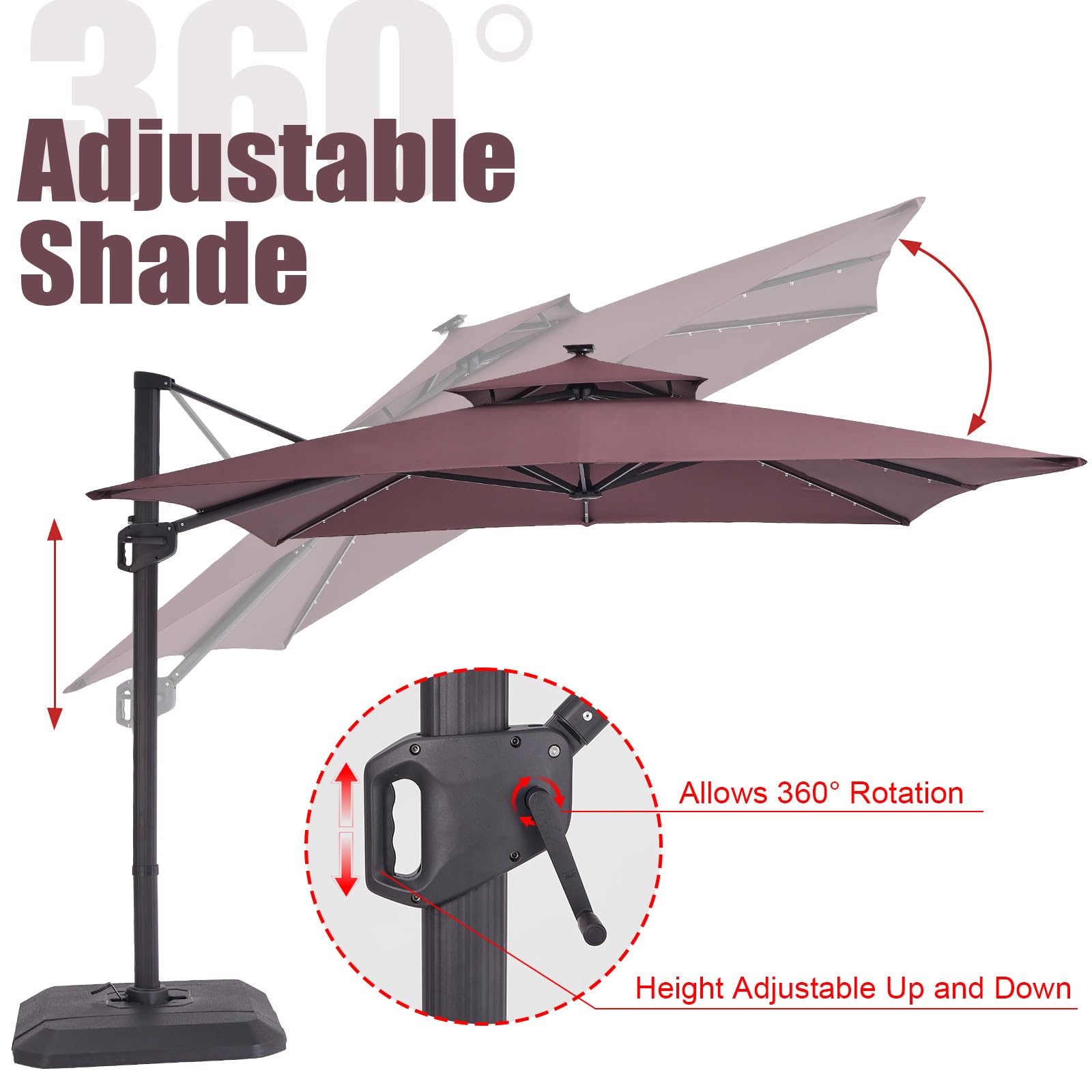 Parasol rectangulaire GARVEE 300 cm x 270 cm avec pied et base inclus, éclairage LED solaire, grand parasol déporté, parasol de terrasse, rotation à 360°, résistant au vent, pour jardin, terrasse et usage extérieur, marron