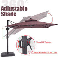 Parasol rectangulaire GARVEE 300 cm x 270 cm avec pied et base inclus, éclairage LED solaire, grand parasol déporté, parasol de terrasse, rotation à 360°, résistant au vent, pour jardin, terrasse et usage extérieur, marron
