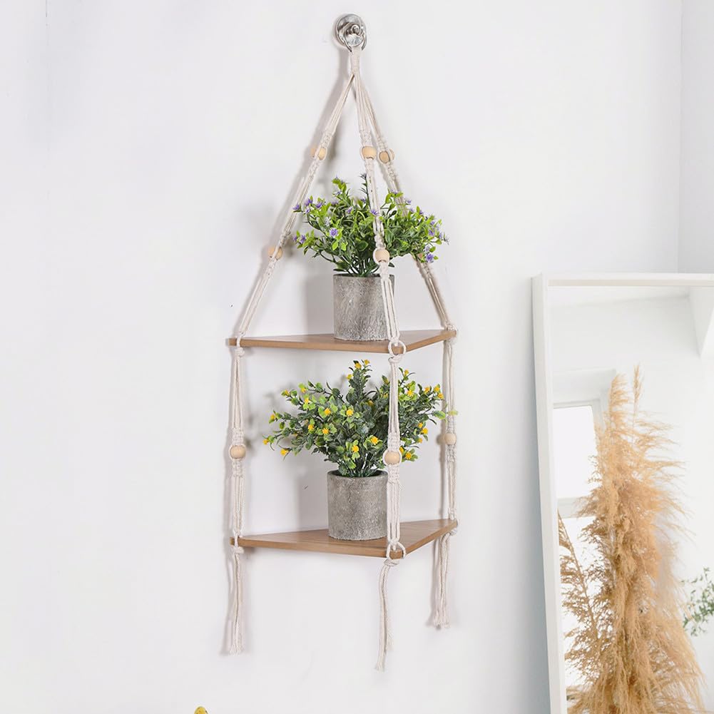 Étagère suspendue d'angle à 2 niveaux Garvee avec corde, support pour plantes style bohème rustique en bois, réglable pour salon et jardin