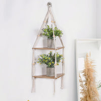 Étagère suspendue d'angle à 2 niveaux Garvee avec corde, support pour plantes style bohème rustique en bois, réglable pour salon et jardin