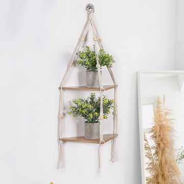 Étagère suspendue d'angle à 2 niveaux Garvee avec corde, support pour plantes style bohème rustique en bois, réglable pour salon et jardin