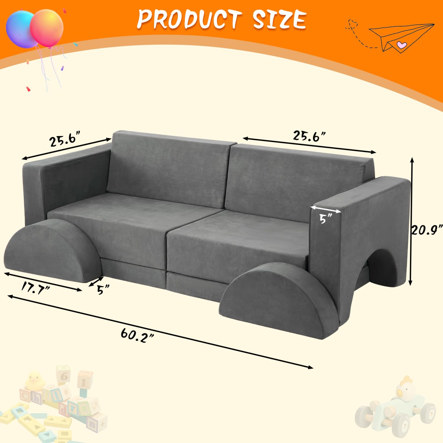Canapé de jeu pour enfants Garvee, canapé modulaire 8 pièces, housse amovible en microfibre gris foncé, salle de jeux