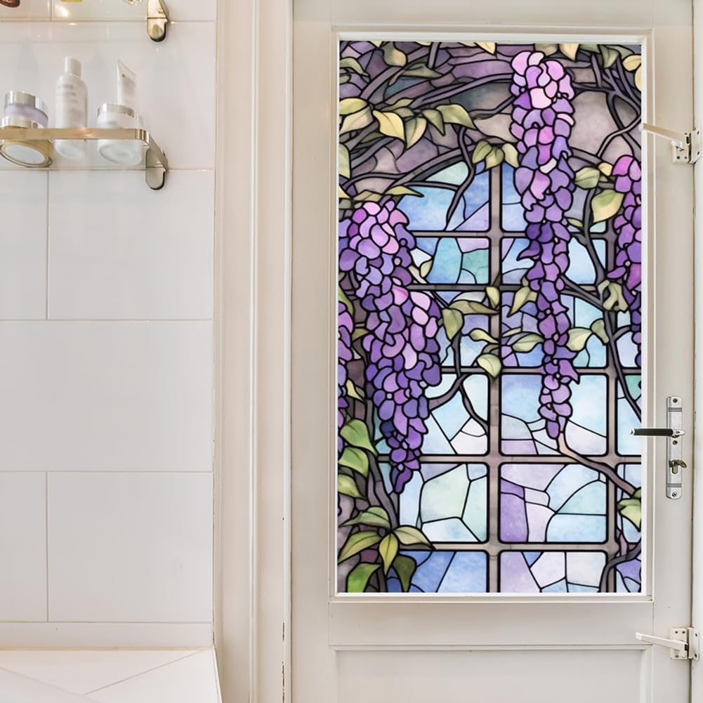 Film adhésif pour vitres Garvee effet vitrail à motif floral violet, 60 x 100 cm.