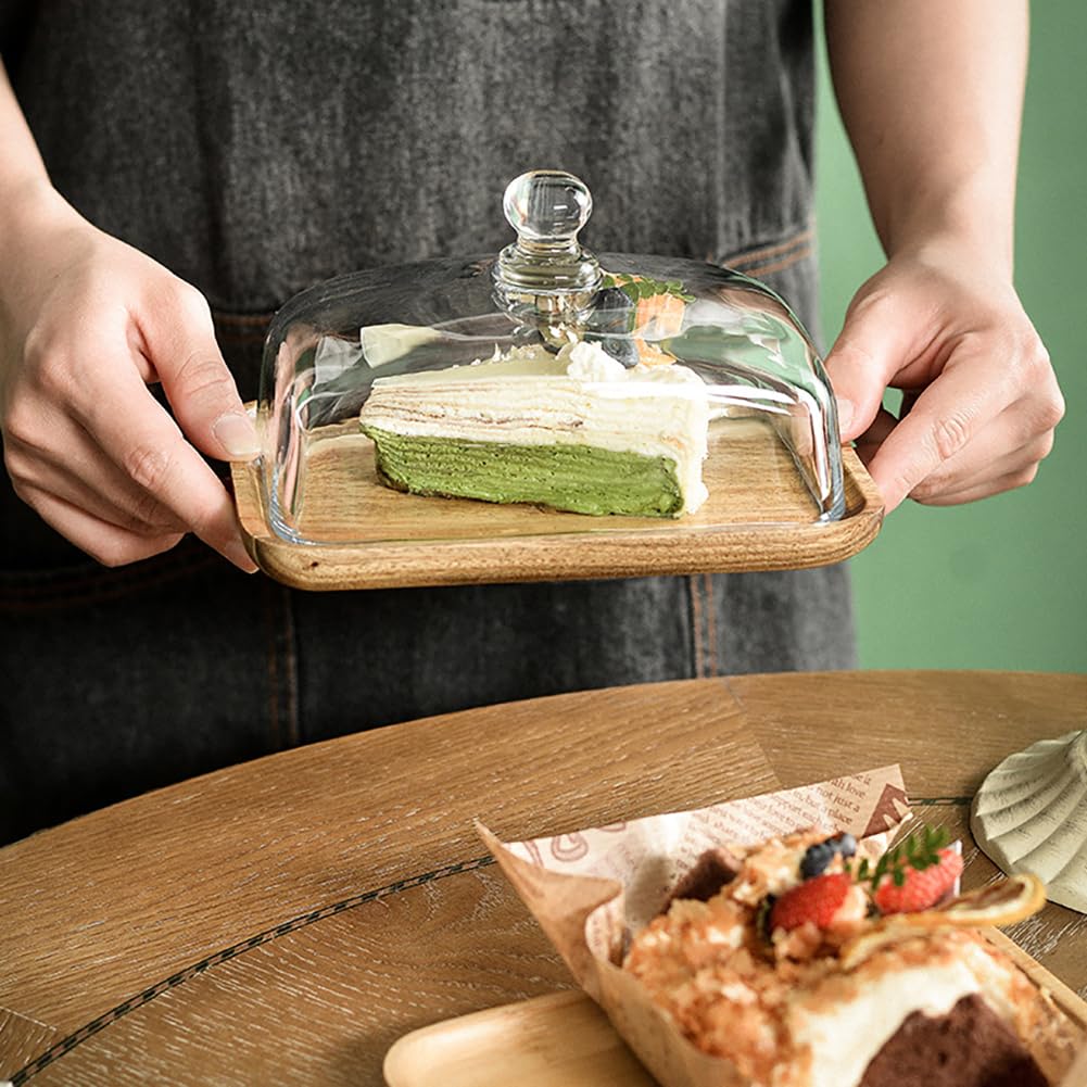 Beurrier rectangulaire en bois d'acacia Garvee avec couvercle en verre, idéal pour les desserts et les confiseries.