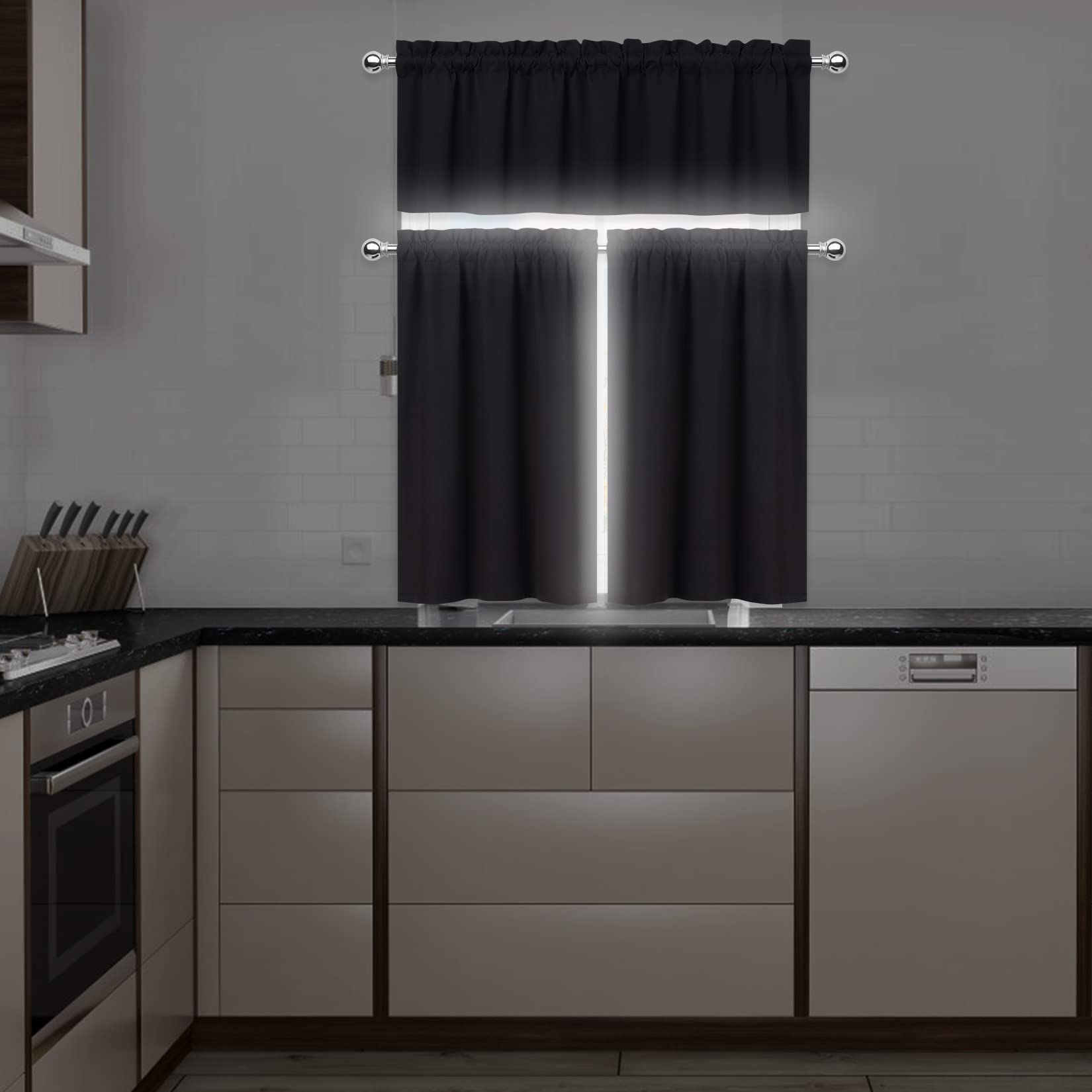 Rideaux occultants Garvee Cortina Opaca pour cuisine et chambre, insonorisés, en polyester, économes en énergie, noirs, 66 x 114 cm, lot de 2, style bistro.