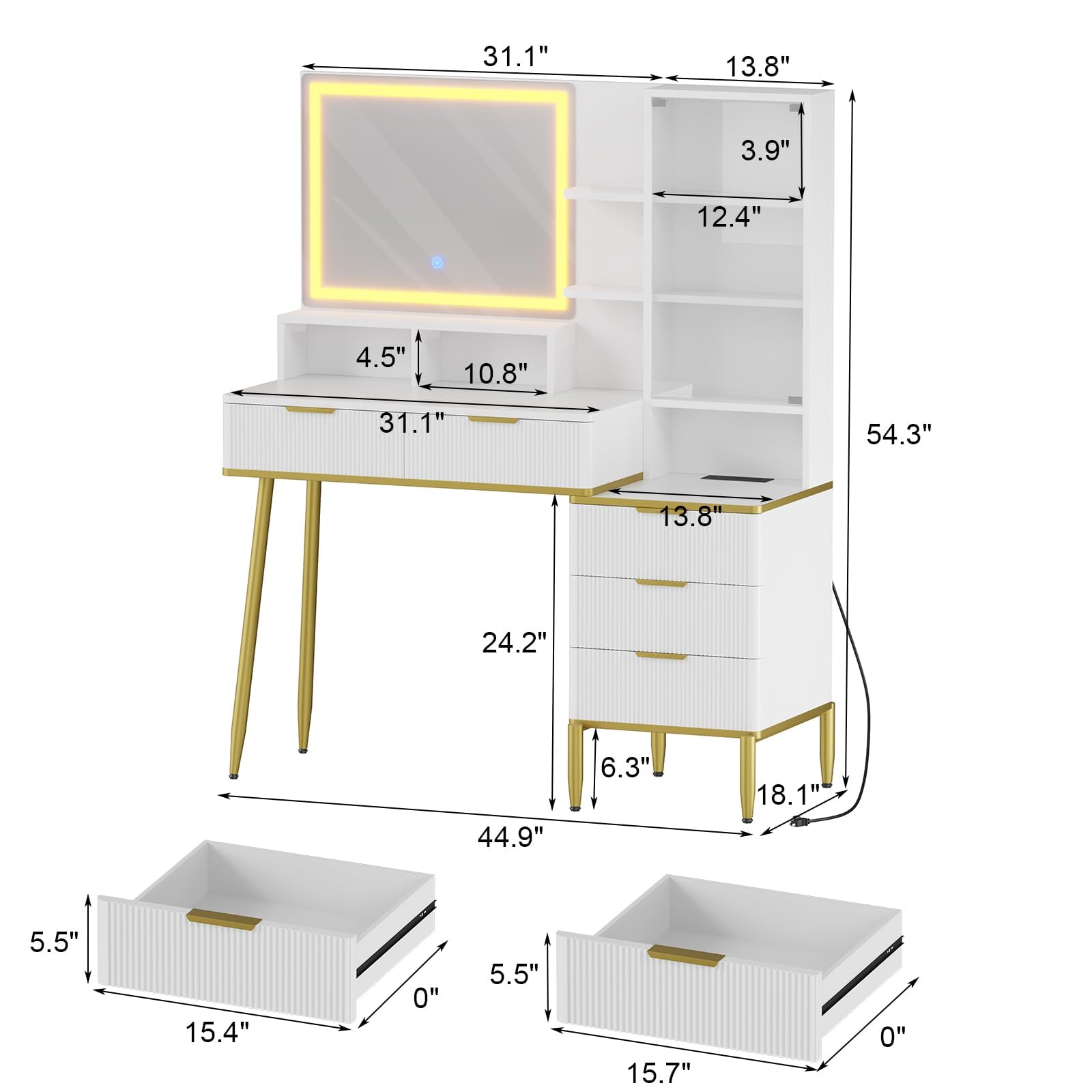Coiffeuse Garvee à panneaux cannelés avec miroir et éclairage LED tricolore, 5 tiroirs et étagères, blanc et or, 114 cm (45 pouces).