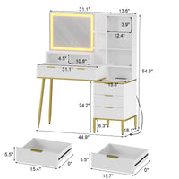 Coiffeuse Garvee à panneaux cannelés avec miroir et éclairage LED tricolore, 5 tiroirs et étagères, blanc et or, 114 cm (45 pouces).