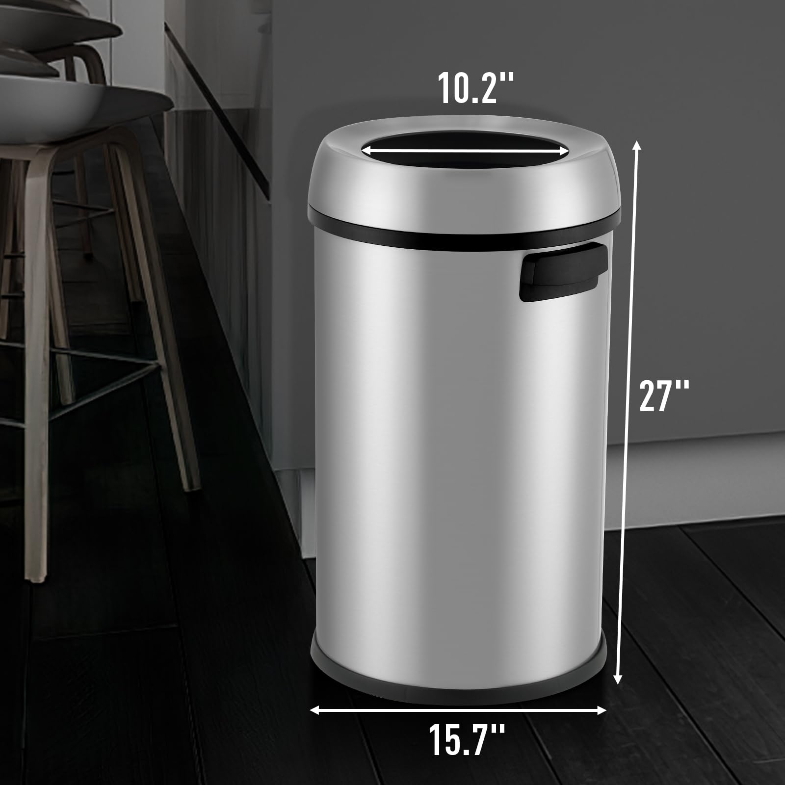 Poubelle ouverte Garvee 65 L (17 gal) en acier inoxydable brossé robuste, sans couvercle, avec poignées, pour la cuisine et l'extérieur.
