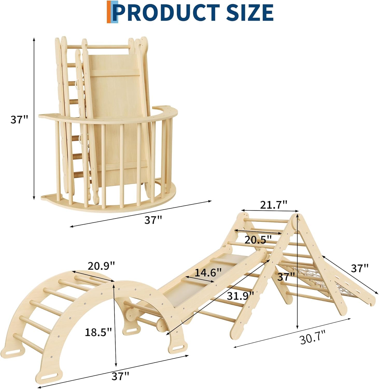 Ensemble triangulaire Garvee Pikler 7 en 1, jouet d'escalade pliable en bois de style Montessori pour bébés et jeunes enfants, 54 cm (21,3 po) de hauteur, couleur naturelle.