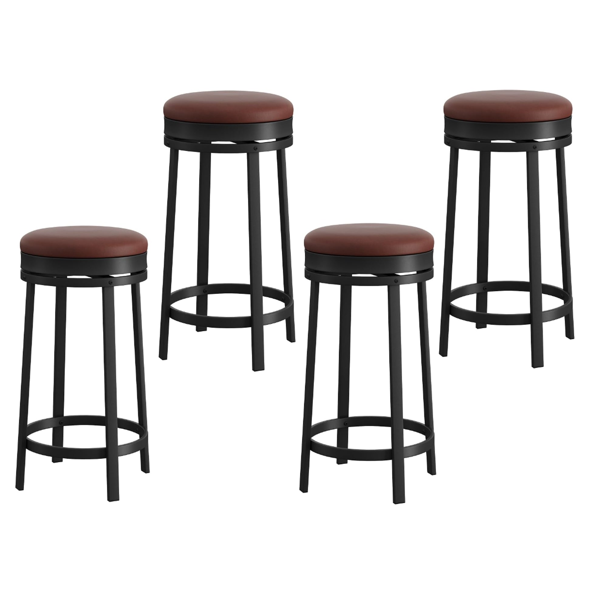Ensemble de 4 tabourets de bar pivotants Garvee 61 cm (24 po) - Revêtement en similicuir, structure en métal, repose-pieds, dossier - Idéal pour îlot de cuisine, bar ou café - Marron