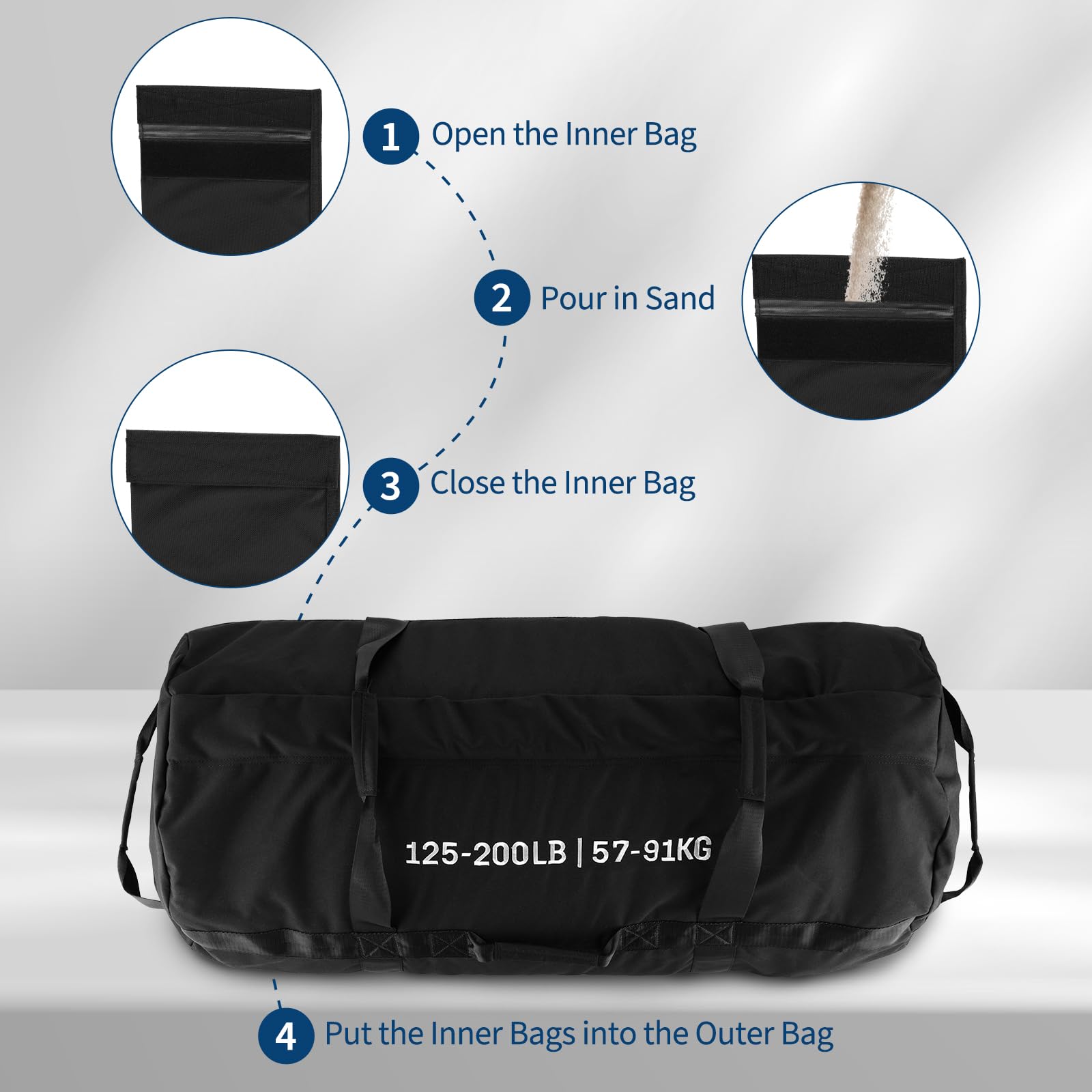 Sac de sable d'entraînement Garvee, vide, poids ajustable de 57 à 91 kg (125 à 200 lbs), pour musculation à domicile, tissu Oxford 600D noir.